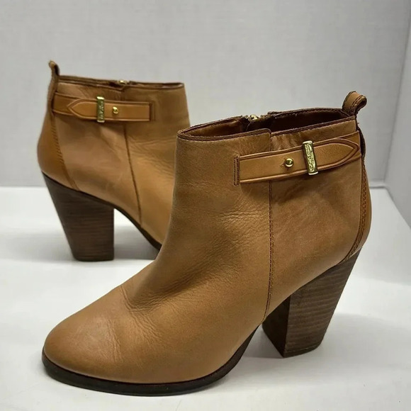 Coach Hewes Leather High Heeled Ankle Booties Boots Tan Brown Size 8 - Picture 1 of 13